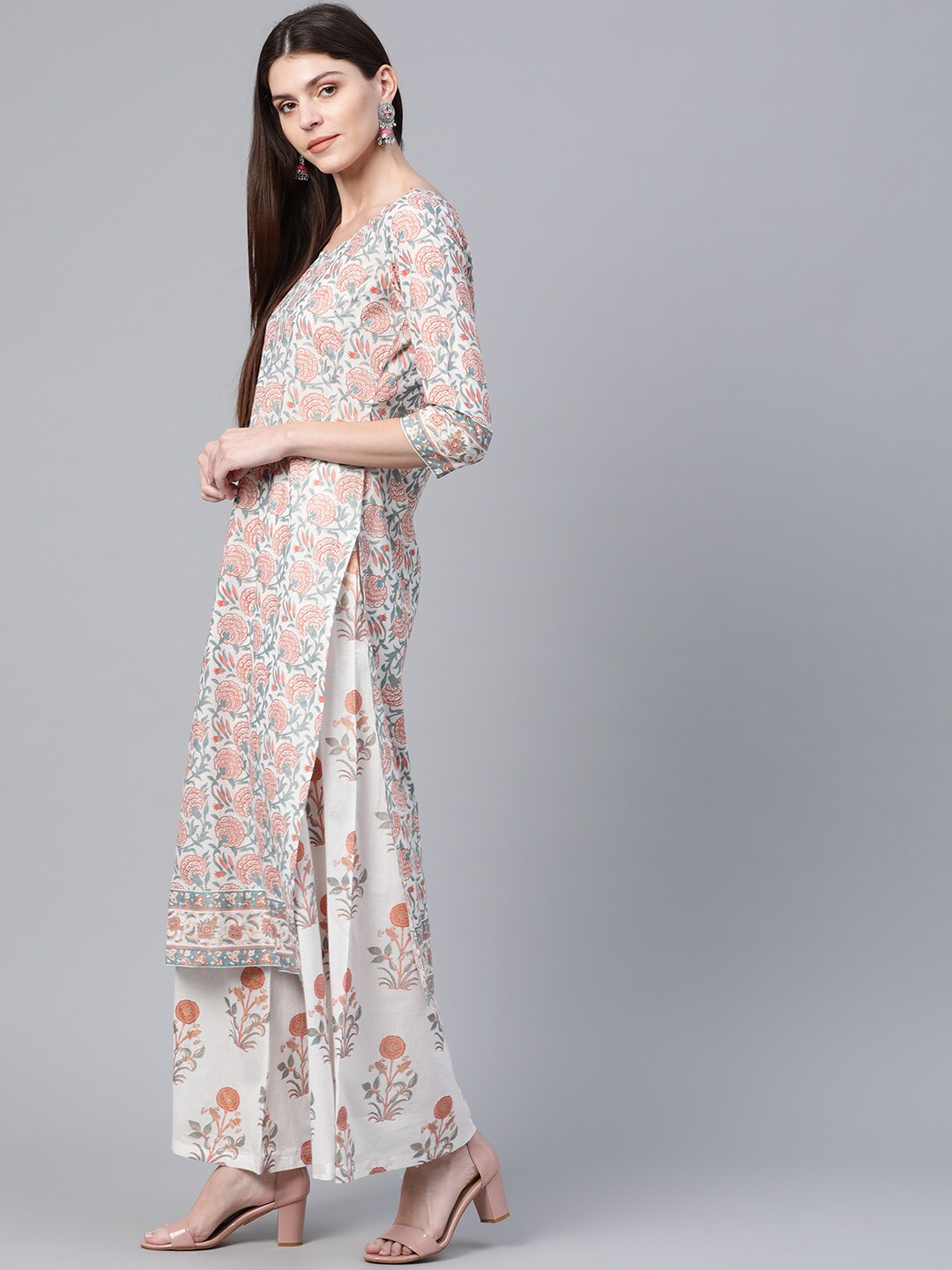 White Floral Print Kurta Palazzo With Dupatta