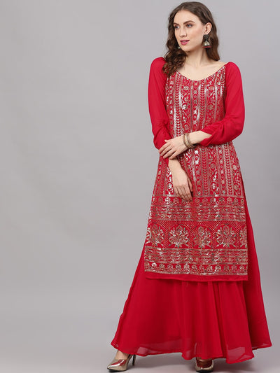 Maroon Sequined Kurta With Flared Skirt