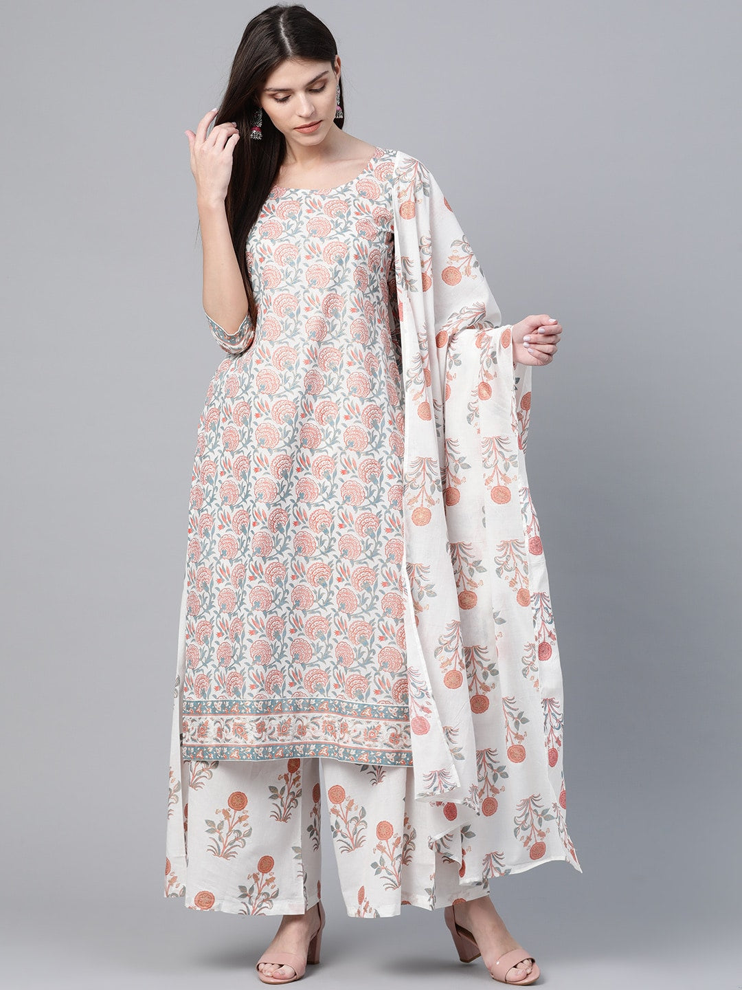 White Floral Print Kurta Palazzo With Dupatta