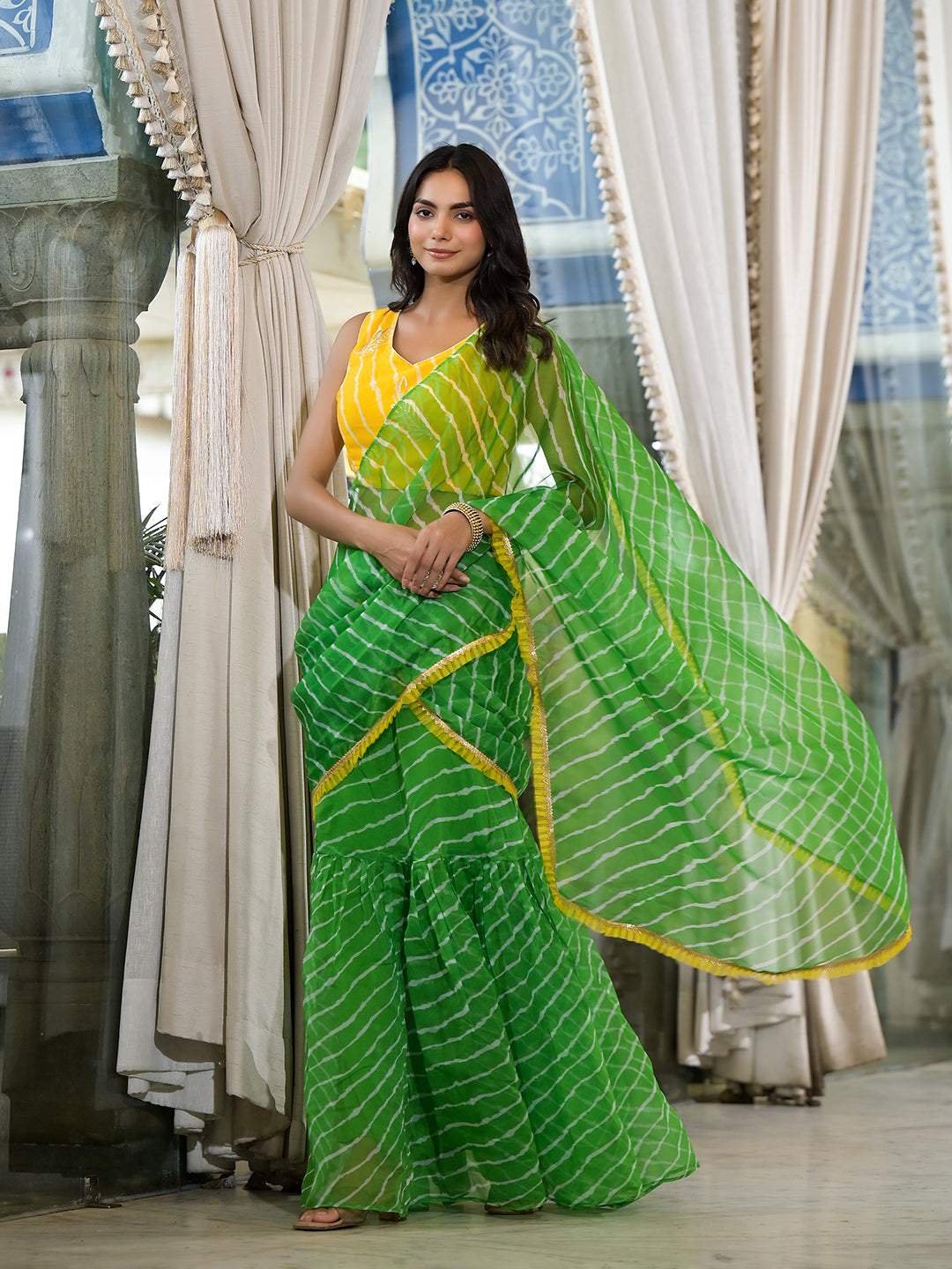 Yellow Leheria Printed Saree With Blouse