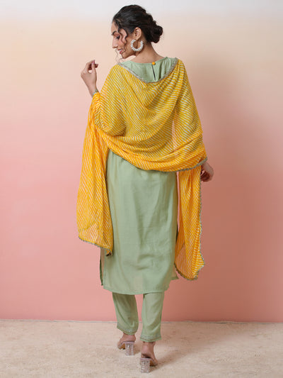Pastel Green Embroidered Kurta Pant With Dupatta