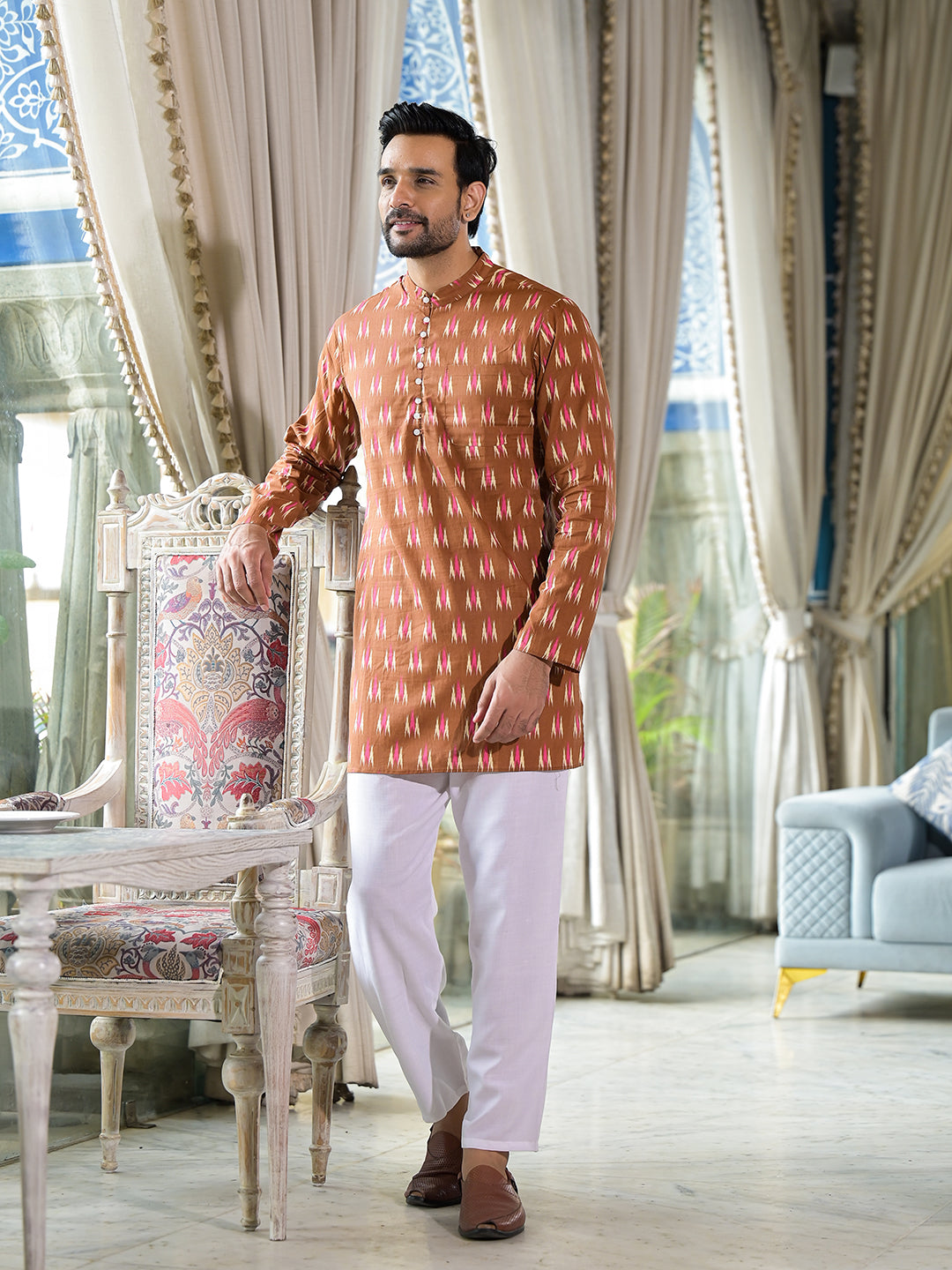 Brown Ikat Print Long Kurta
