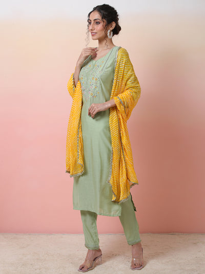 Pastel Green Embroidered Kurta Pant With Dupatta