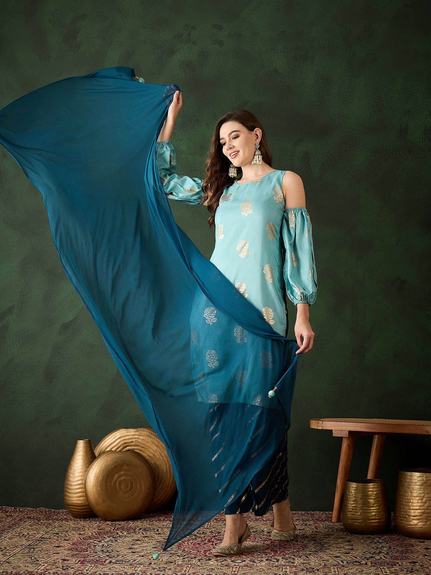 Blue Gold Printed Kurta Palazzo With Dupatta