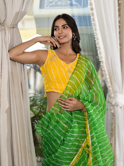 Yellow Leheria Printed Saree With Blouse