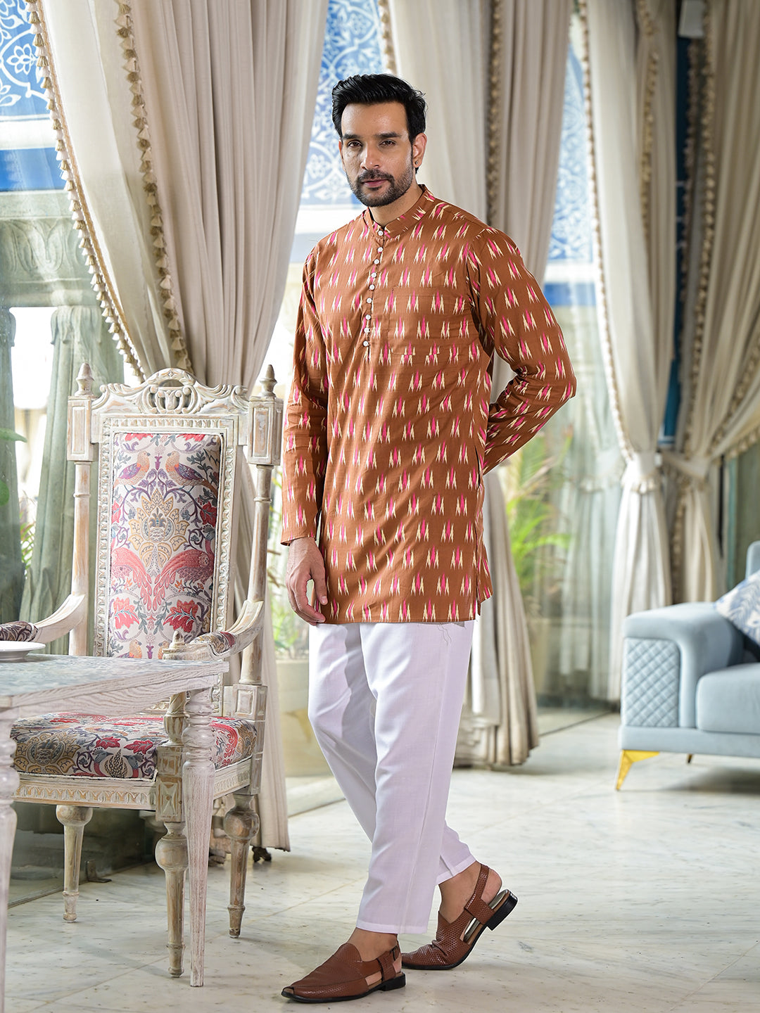 Brown Ikat Print Long Kurta