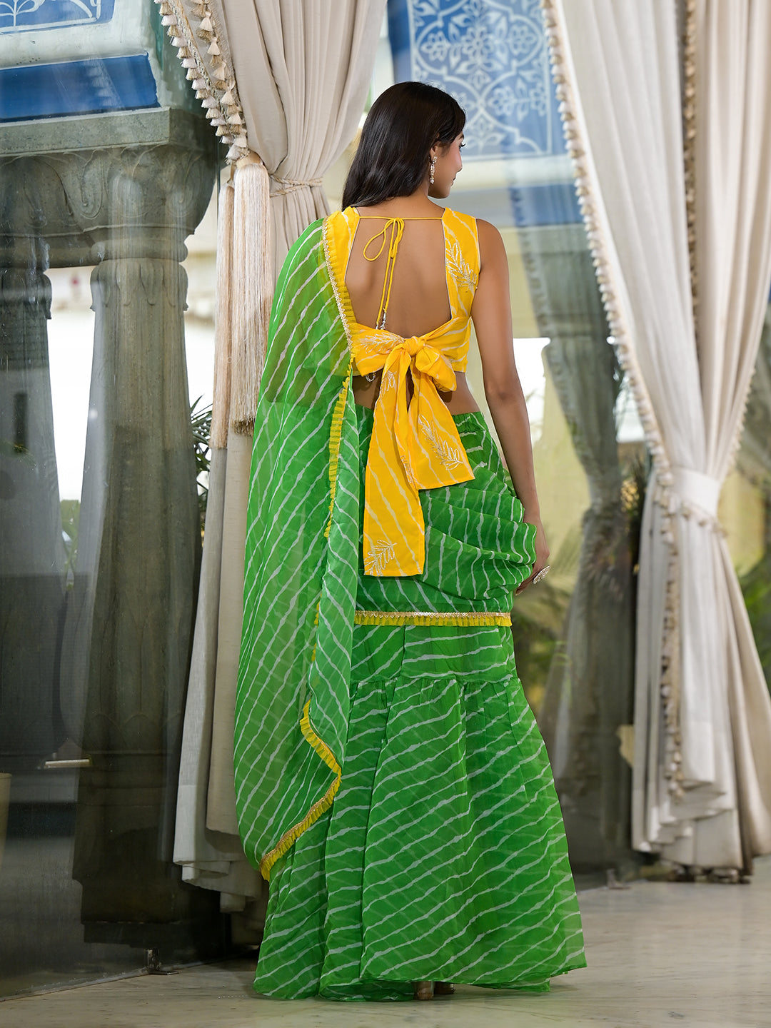 Yellow Leheria Printed Saree With Blouse