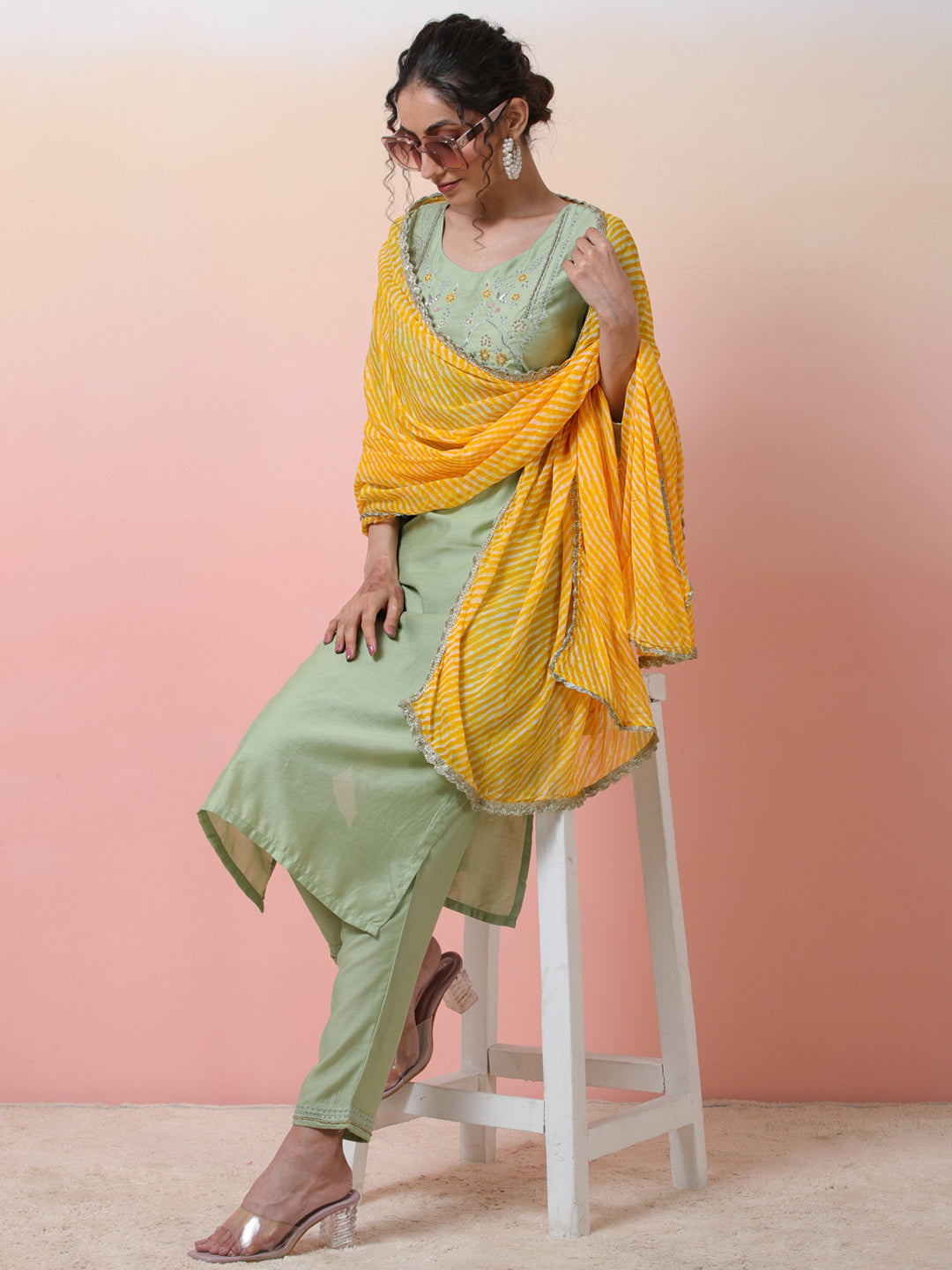 Pastel Green Embroidered Kurta Pant With Dupatta