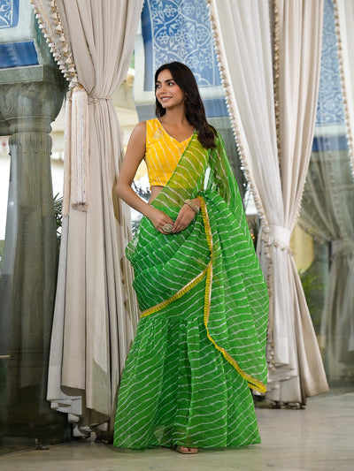 Yellow Leheria Printed Saree With Blouse