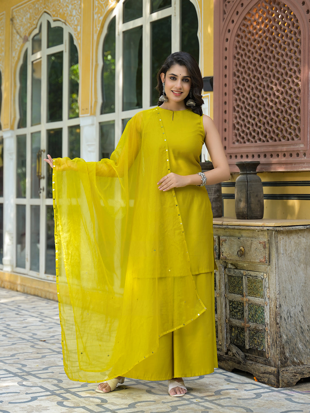 Mustard Sleevessless Kurta Sharara With Organza Sequinned Dupatta
