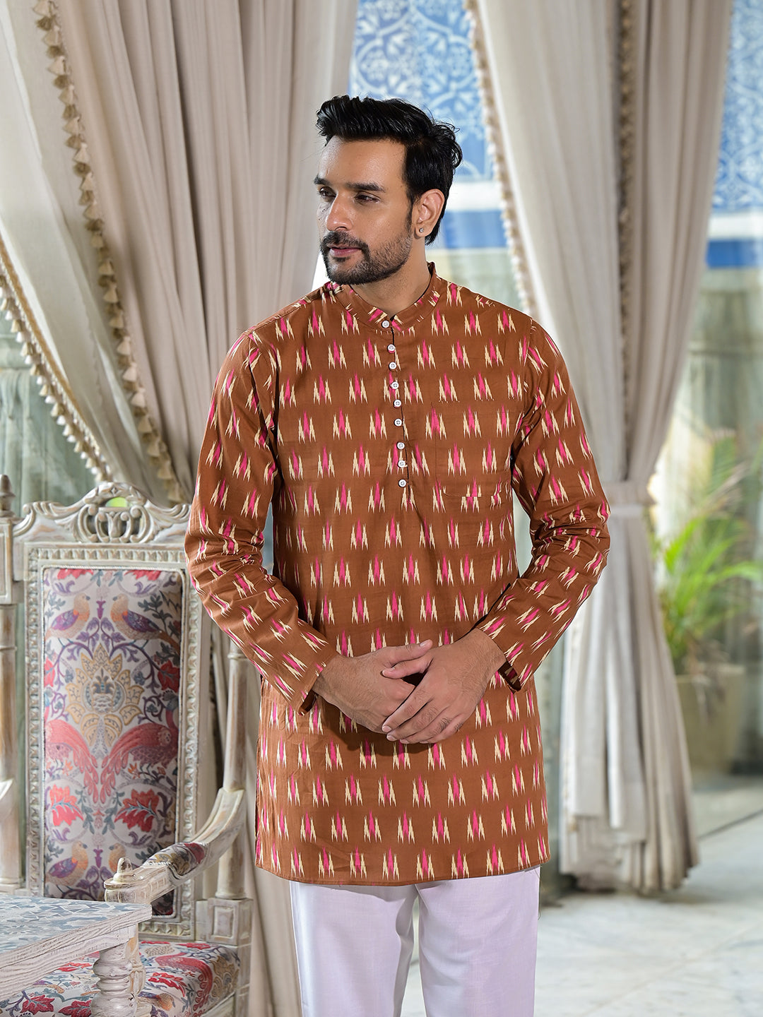 Brown Ikat Print Long Kurta