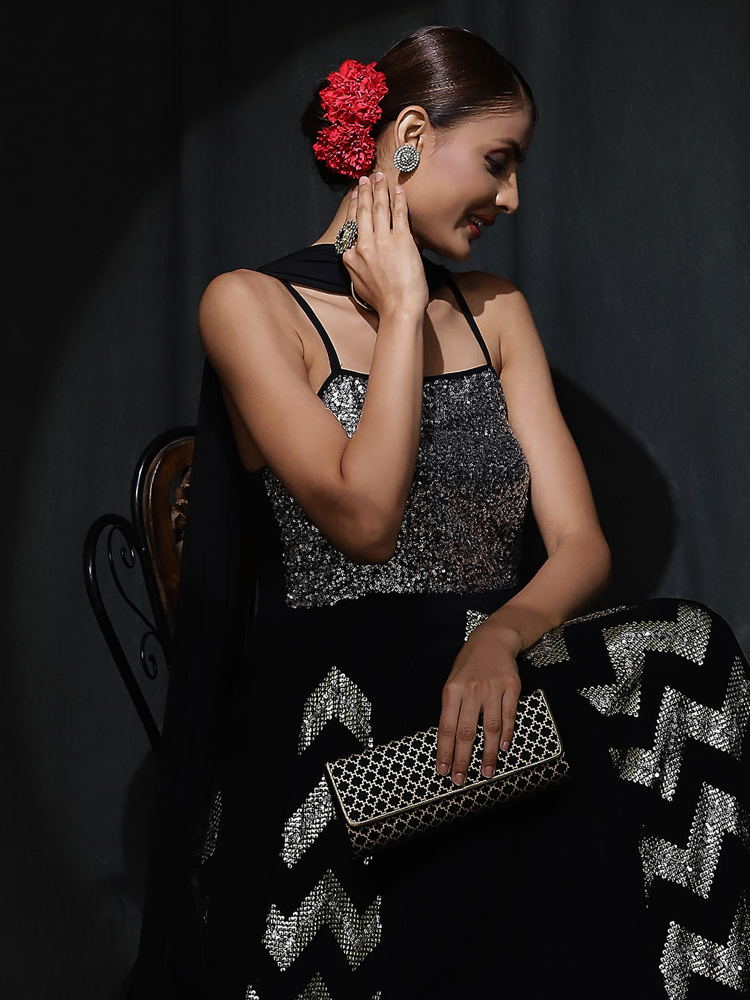 Black Sequin Pleated Maxi Dress