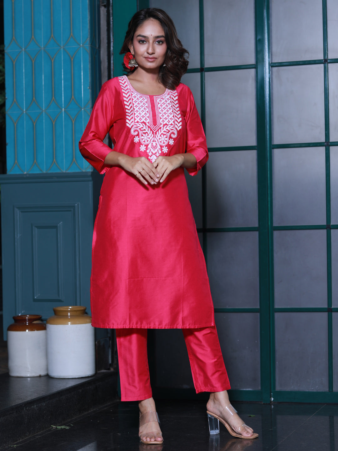 Hot Pink Embroidered Cotton Silk Kurta Set
