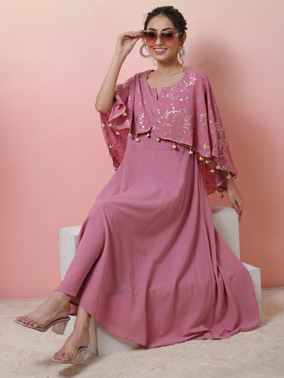 Mauve Foil Print Anarkali With Flared Sleeve