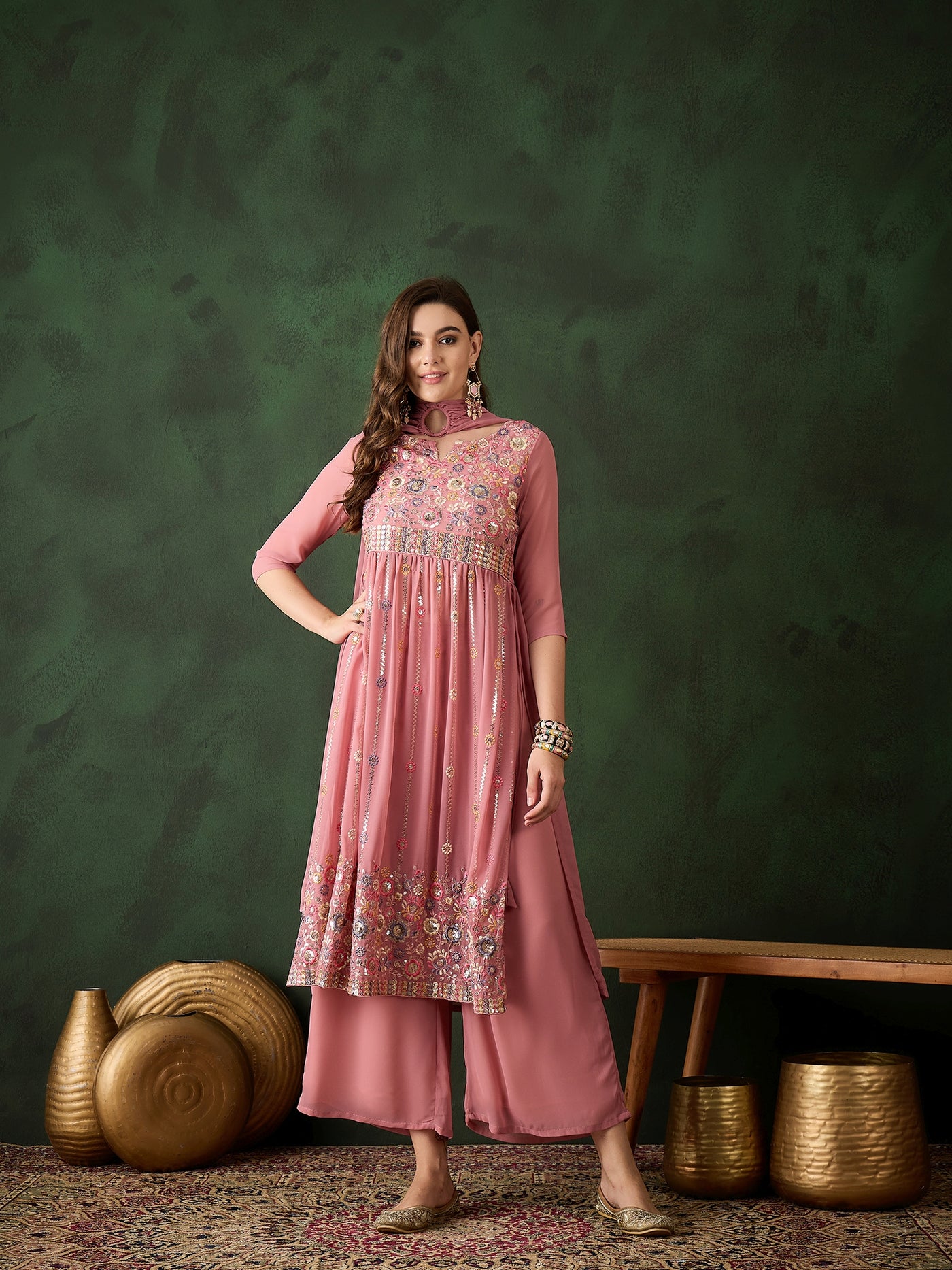 Pink Embroidered Nyra-Cut Kurta Palazzo With Dupatta
