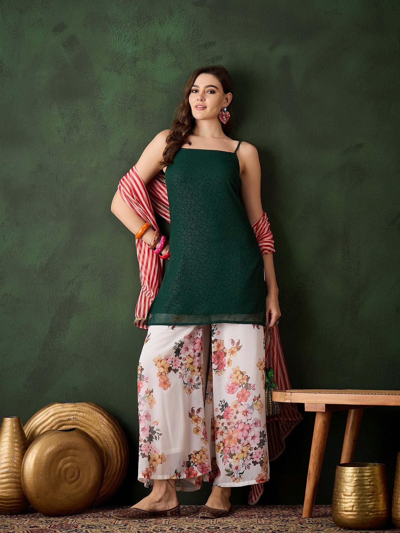Green Kurta With Floral Print Palazzo & Dupatta