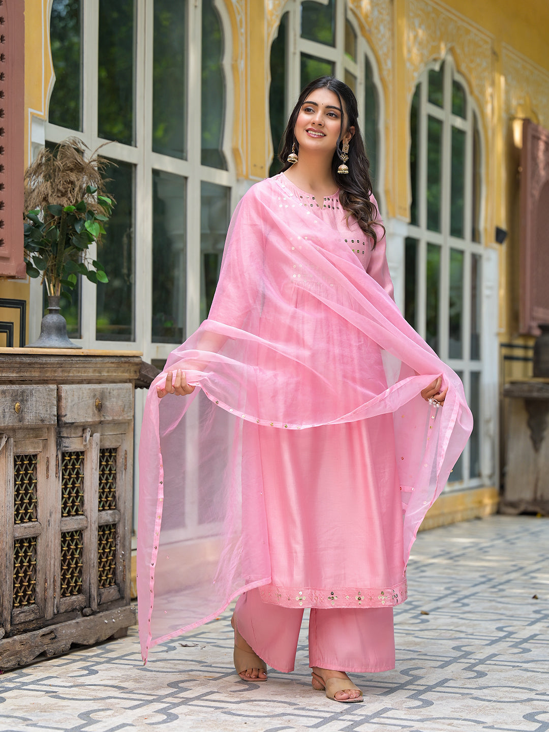 Powder Pink A-Line Kurta With Mirror Work On Dupatta
