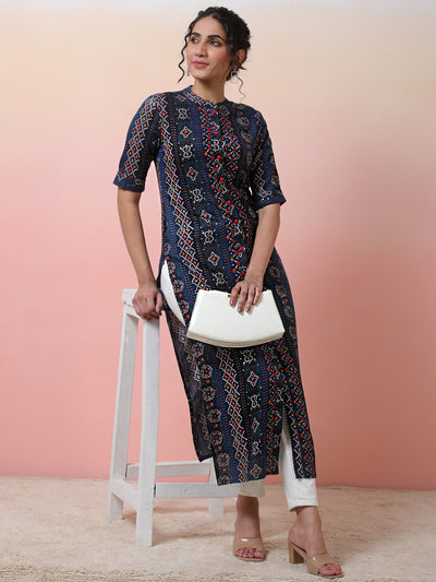Navy Blue Gold Printed Button Down Kurta