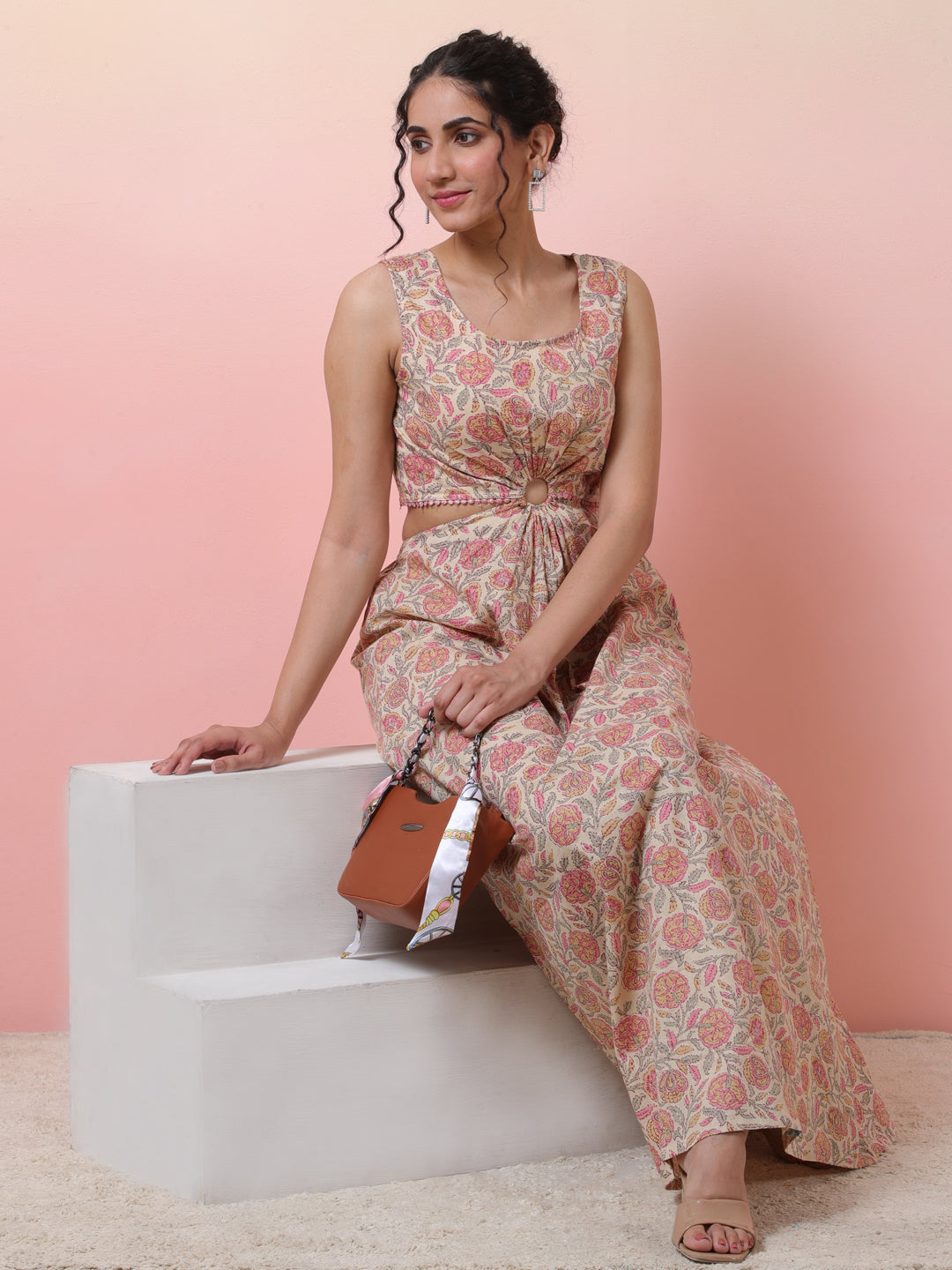 Cream Floral Print Cut-out Dress