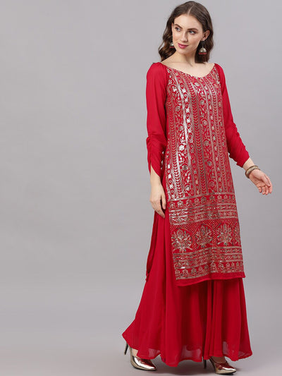 Maroon Sequined Kurta With Flared Skirt