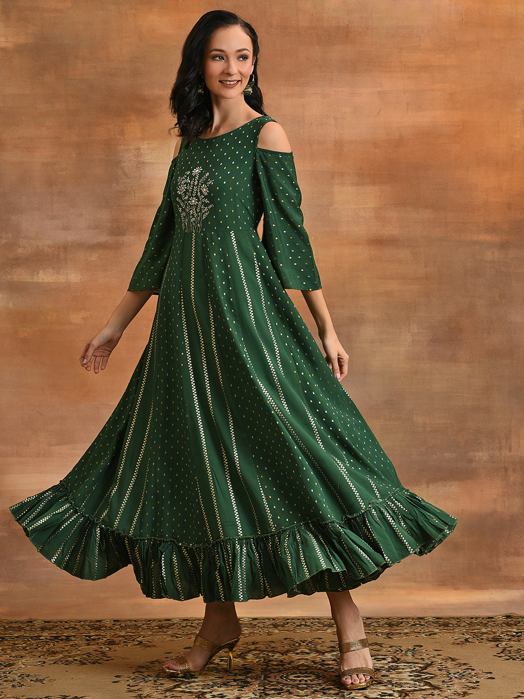 Dark Green Embroidered Flared Maxi Dress