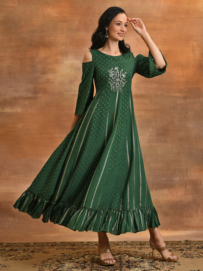 Dark Green Embroidered Flared Maxi Dress