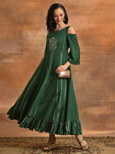 Dark Green Embroidered Flared Maxi Dress