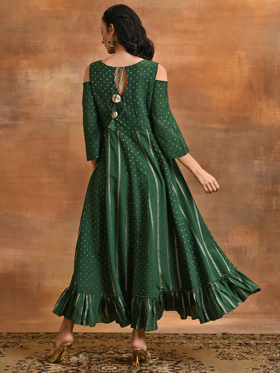 Dark Green Embroidered Flared Maxi Dress