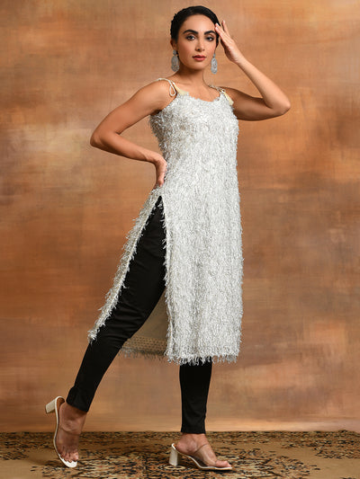 White Fur Designed Kurta