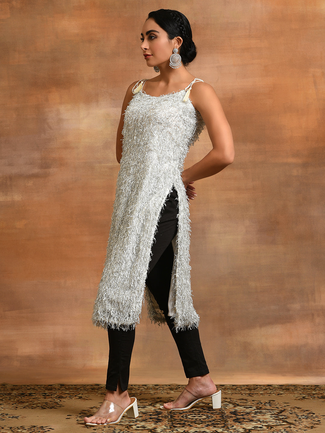 White Fur Designed Kurta