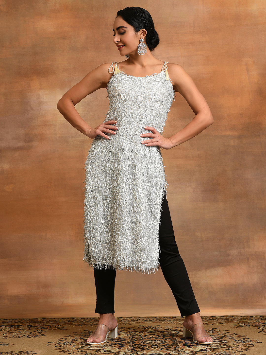 White Fur Designed Kurta