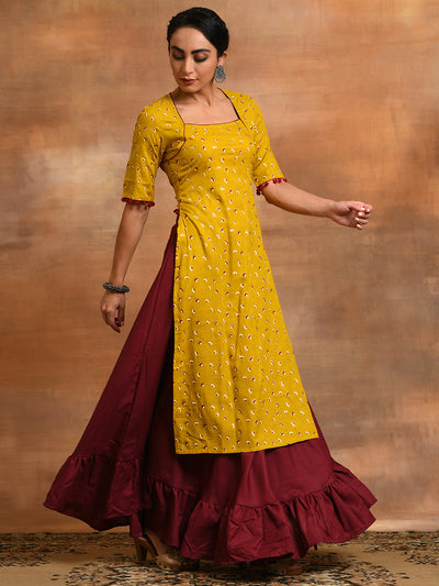 Yellow & Maroon Floral Print Kurta With Skirt