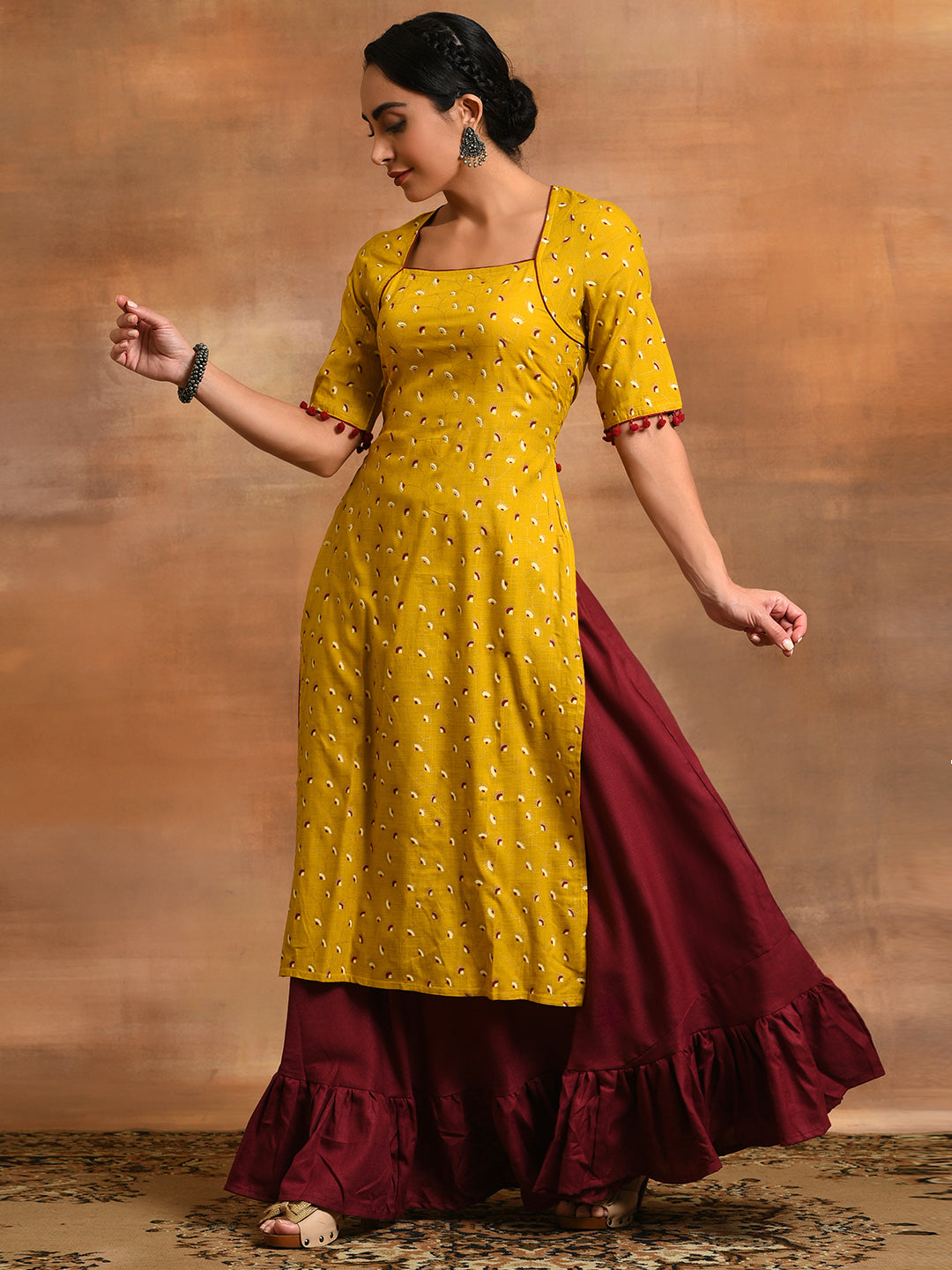 Yellow & Maroon Floral Print Kurta With Skirt