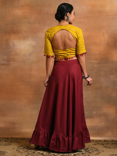 Yellow & Maroon Floral Print Kurta With Skirt