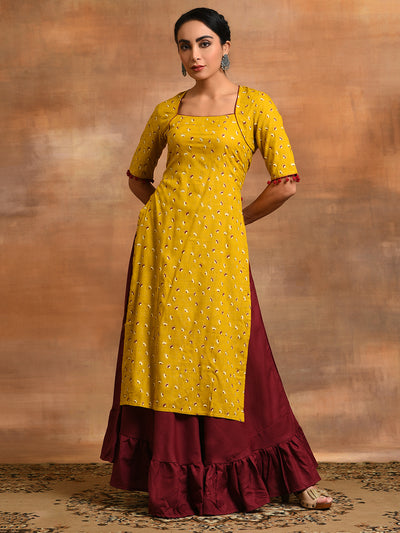 Yellow & Maroon Floral Print Kurta With Skirt