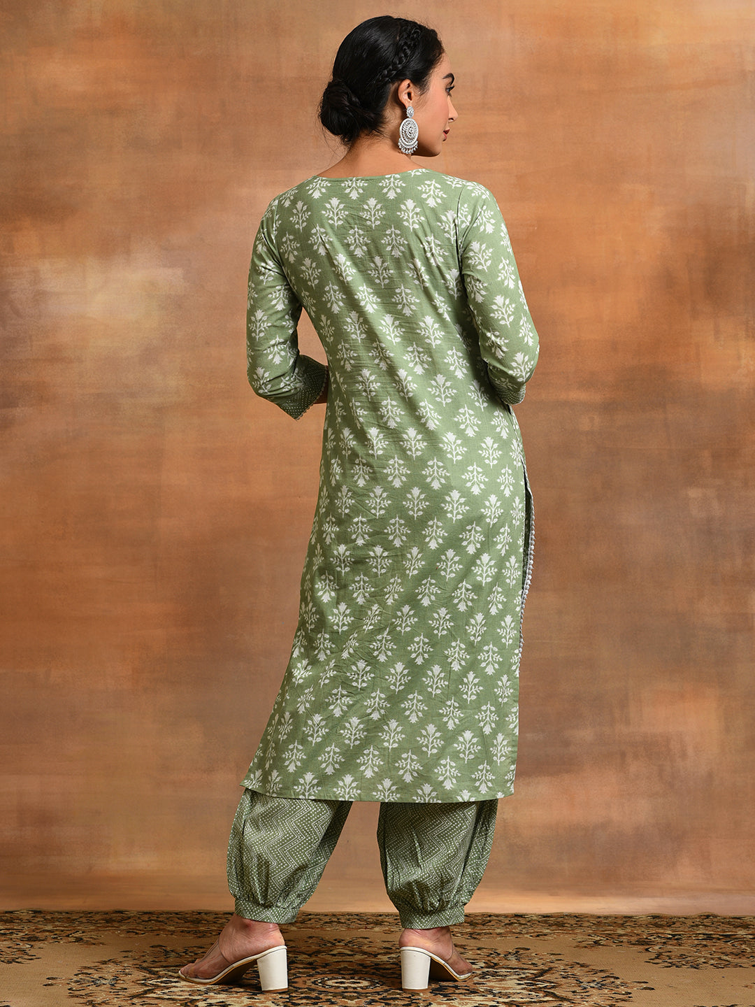 Pastel Green Floral Print Kurta With Balloon Palazzo