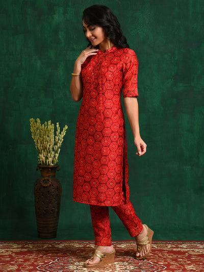 Red Digital Print Kurta With Pant