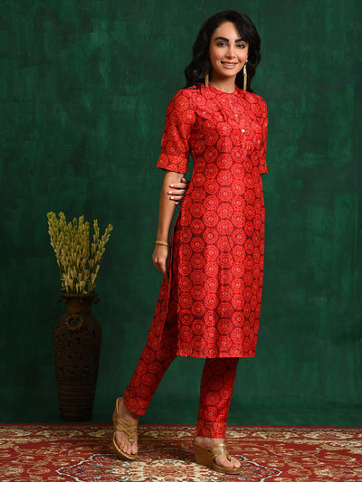 Red Digital Print Kurta With Pant