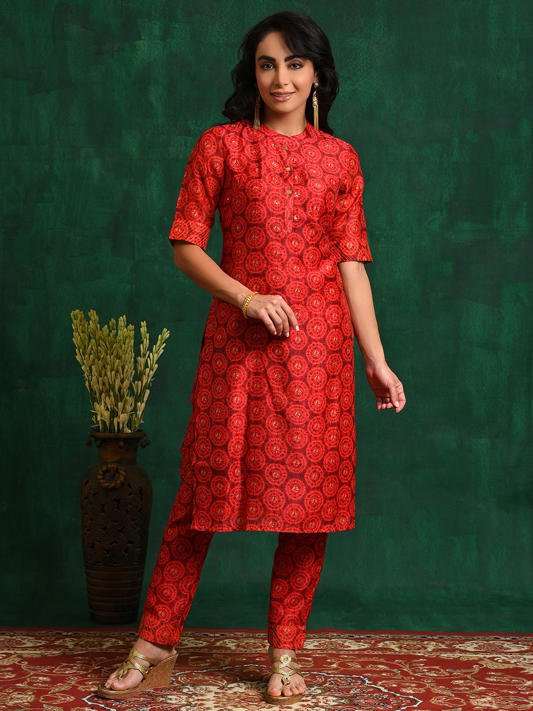 Red Digital Print Kurta With Pant