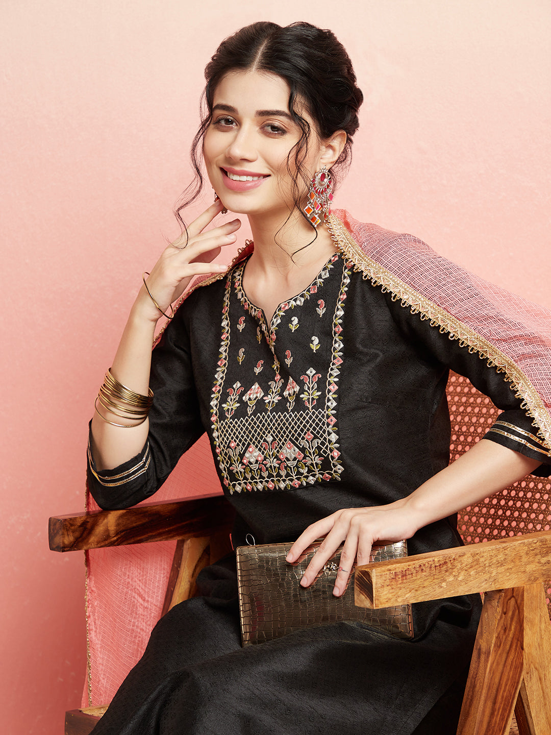 Black Embroidered Kurta Pant With Dupatta