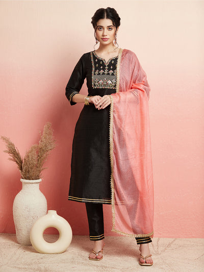 Black Embroidered Kurta Pant With Dupatta