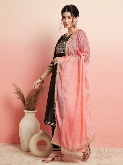 Black Embroidered Kurta Pant With Dupatta