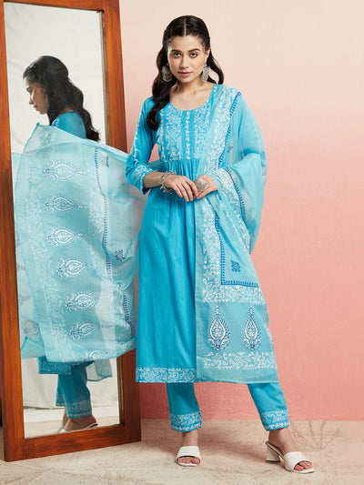 Turquoise Blue Block Print Gathered Kurta Pant With Dupatta