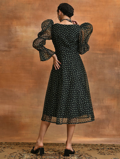 Dark Green Digital Print Flared Midi Dress