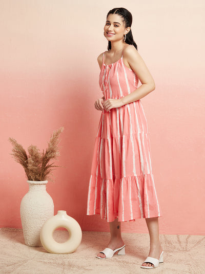 Peach Striped Tiered Midi Dress