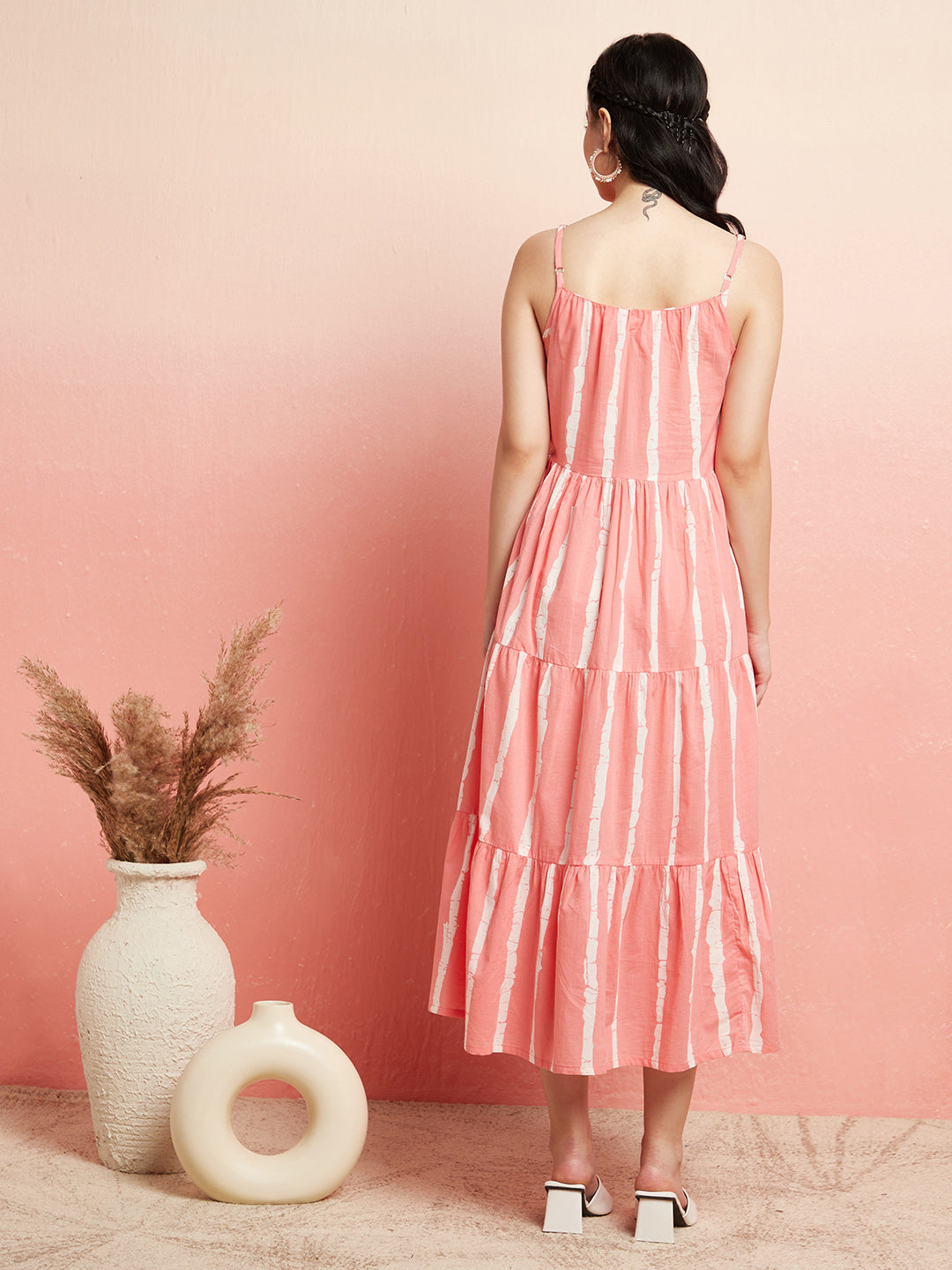 Peach Striped Tiered Midi Dress