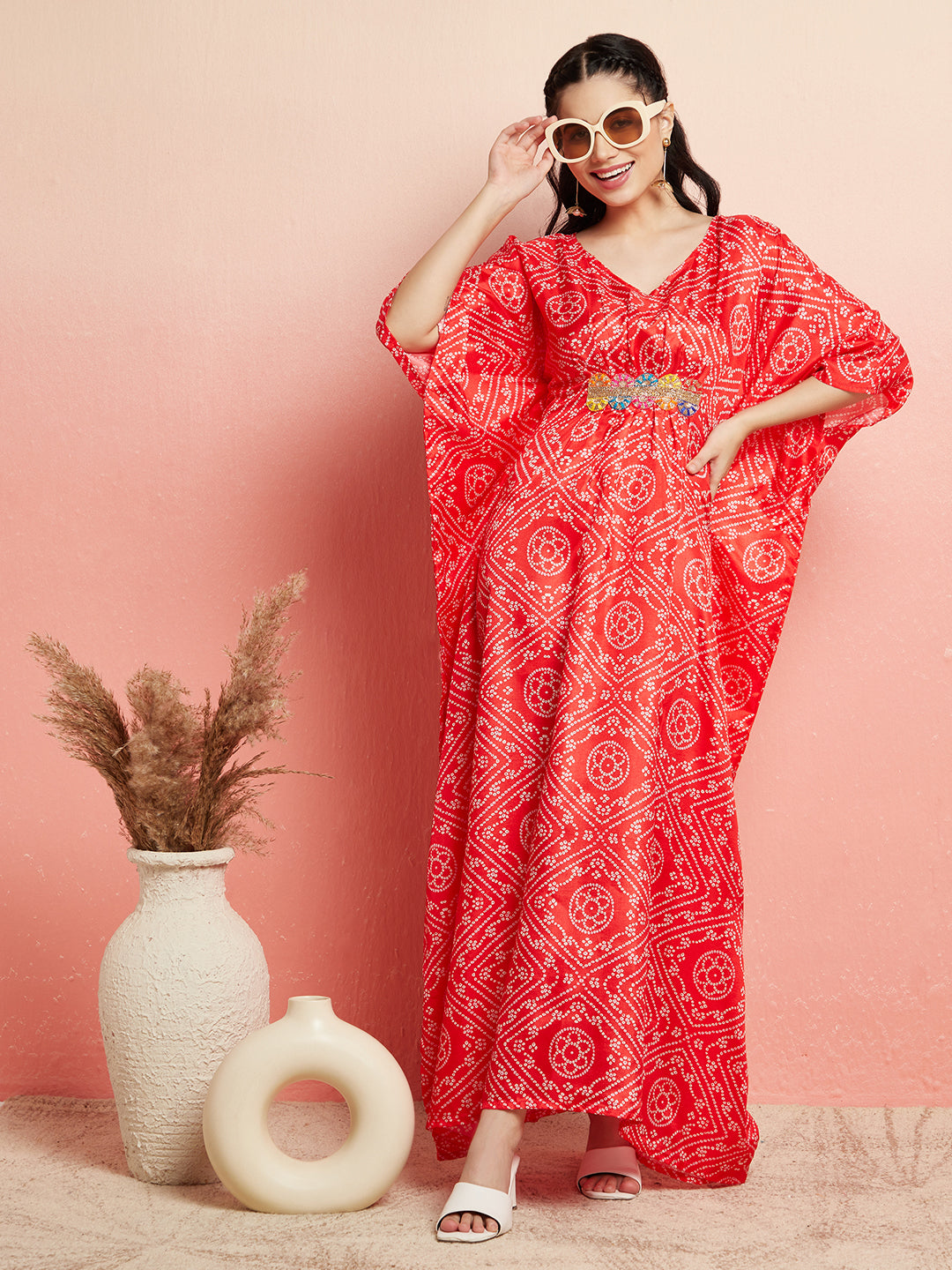 Red Bandhani Print Kaftan Dress With Lace Details