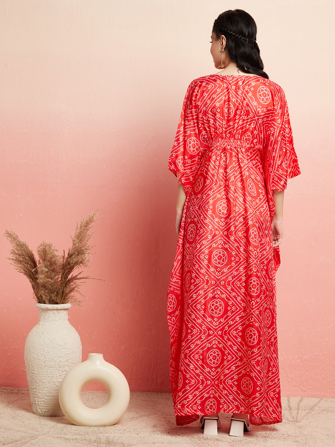 Red Bandhani Print Kaftan Dress With Lace Details