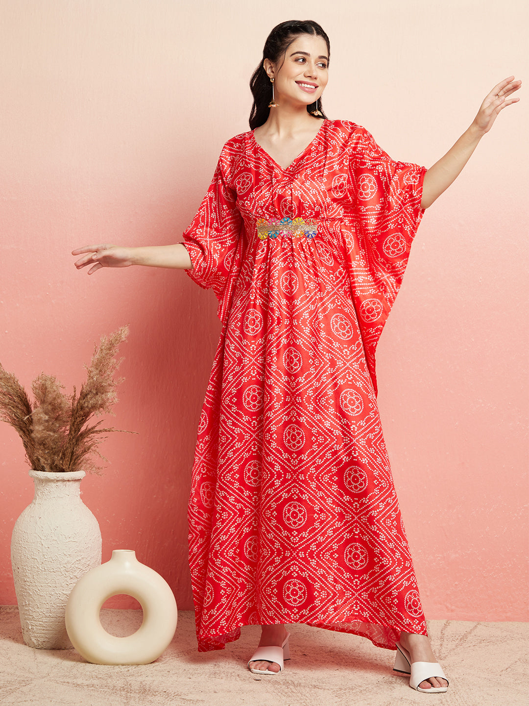 Red Bandhani Print Kaftan Dress With Lace Details