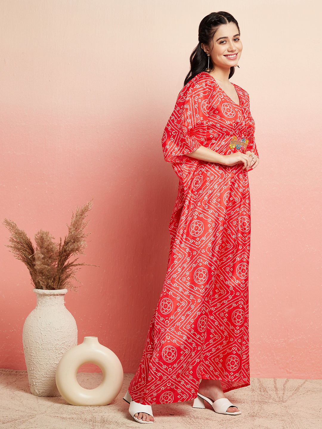 Red Bandhani Print Kaftan Dress With Lace Details